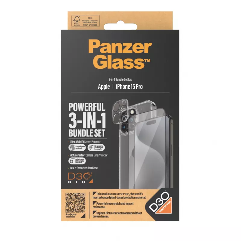 PanzerGlass Zestaw 3 w 1 iPhone 15 Pro Szkło hartowane Przezroczysty