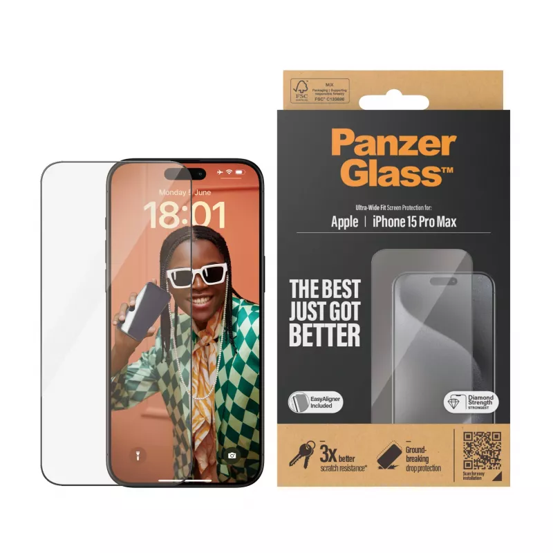 PanzerGlass ® Screen Protector iPhone 15 Pro Max | Ultra-Wide Fit z EasyAligner
