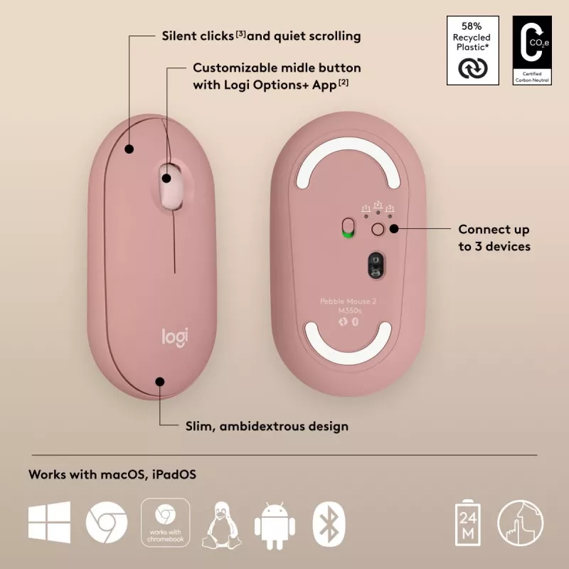 LOGITECH Pebble 2 M350s Bezprzewodowa Mysz Optyczna Rose
