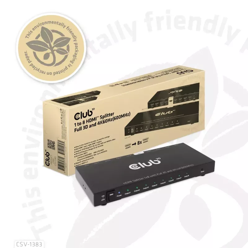 CLUB3D Rozdzielacz HDMI™ 1 na 8, Pełne 3D i 4K60Hz (600MHz)