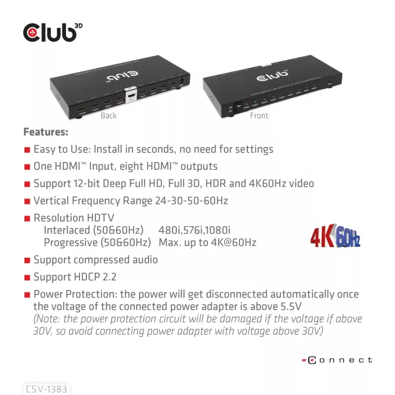 CLUB3D Rozdzielacz HDMI™ 1 na 8, Pełne 3D i 4K60Hz (600MHz)