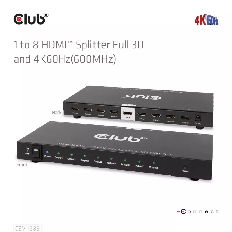 CLUB3D Rozdzielacz HDMI™ 1 na 8, Pełne 3D i 4K60Hz (600MHz)