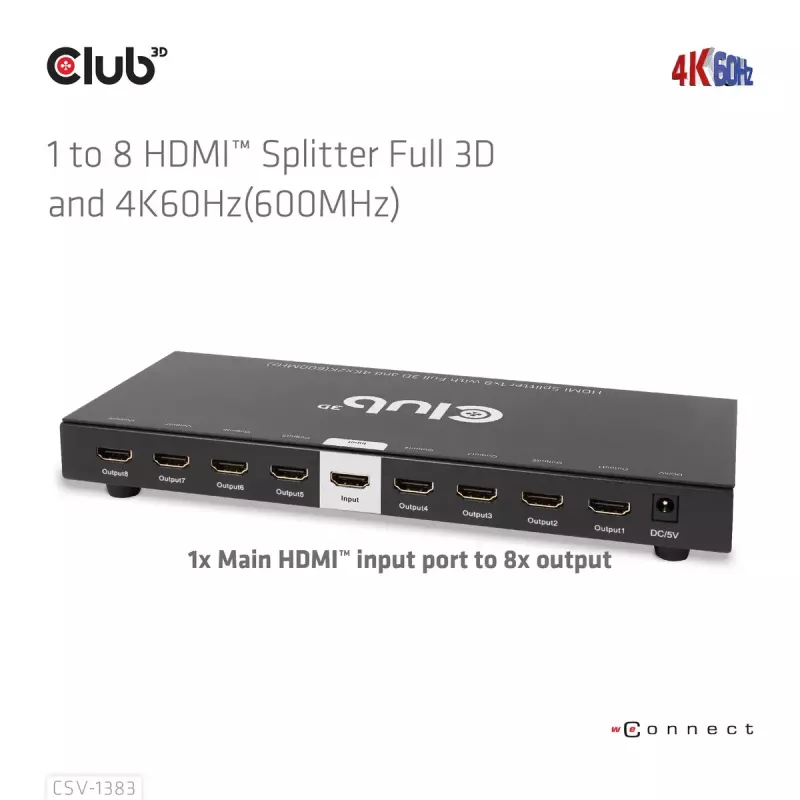CLUB3D Rozdzielacz HDMI™ 1 na 8, Pełne 3D i 4K60Hz (600MHz)
