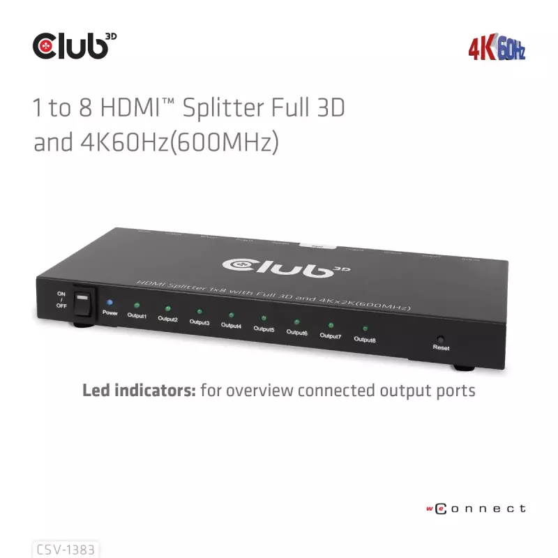 CLUB3D Rozdzielacz HDMI™ 1 na 8, Pełne 3D i 4K60Hz (600MHz)