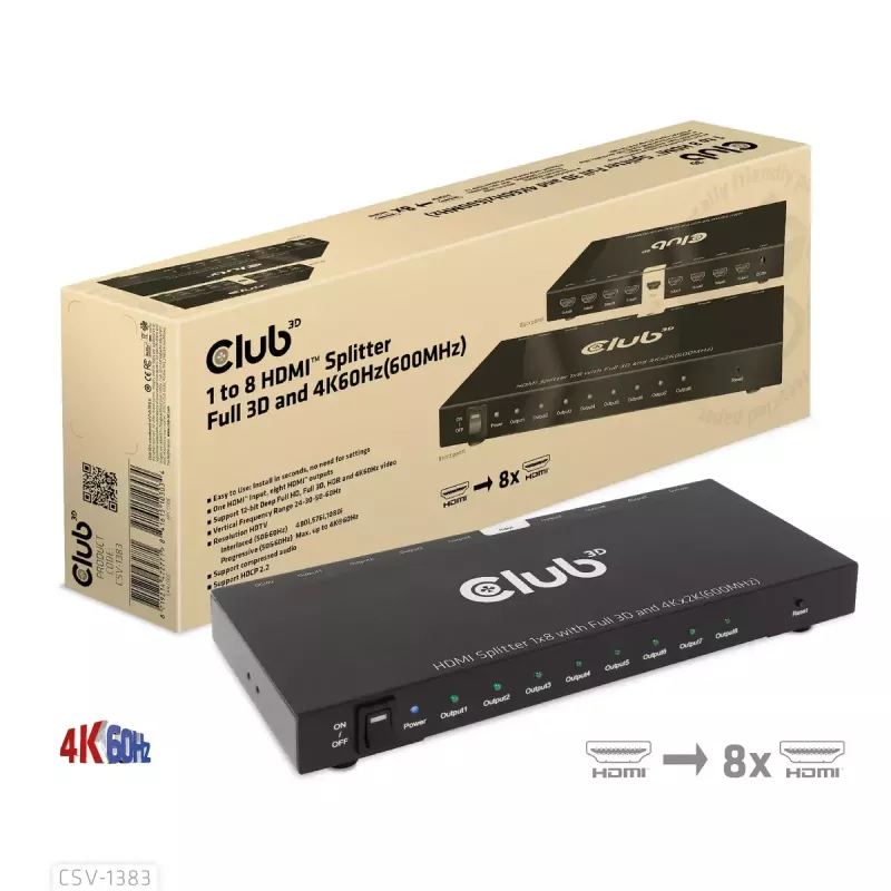CLUB3D Rozdzielacz HDMI™ 1 na 8, Pełne 3D i 4K60Hz (600MHz)