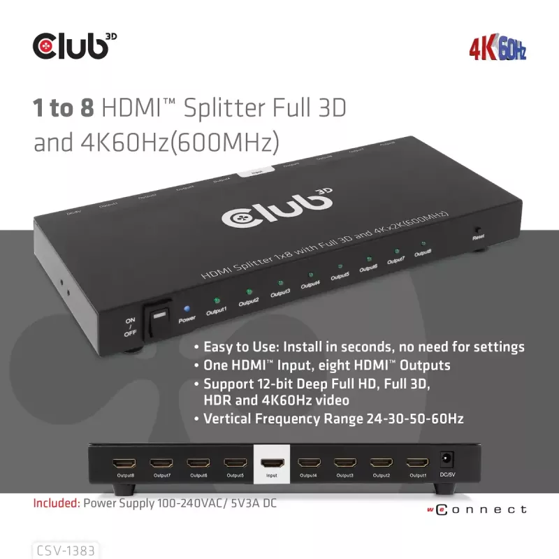 CLUB3D Rozdzielacz HDMI™ 1 na 8, Pełne 3D i 4K60Hz (600MHz)