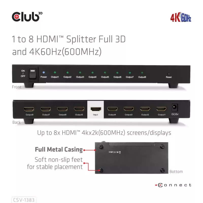 CLUB3D Rozdzielacz HDMI™ 1 na 8, Pełne 3D i 4K60Hz (600MHz)