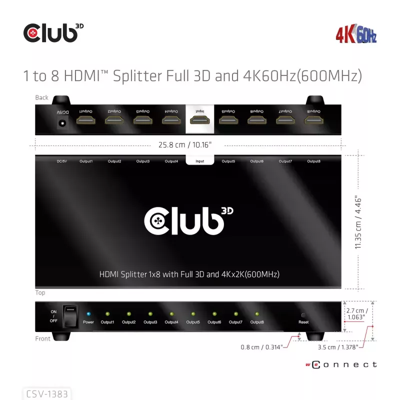 CLUB3D Rozdzielacz HDMI™ 1 na 8, Pełne 3D i 4K60Hz (600MHz)