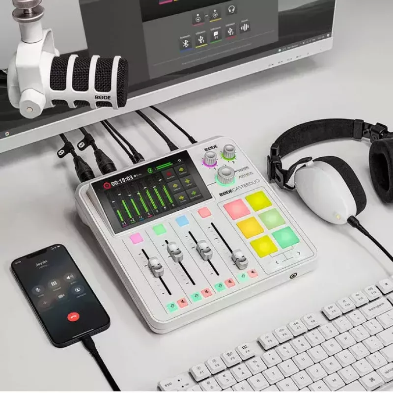 Interfejs audio Rode RodeCaster Duo biały — 2-kanałowa konsola podcastowa USB z mikserem i przedwzmacniaczami
