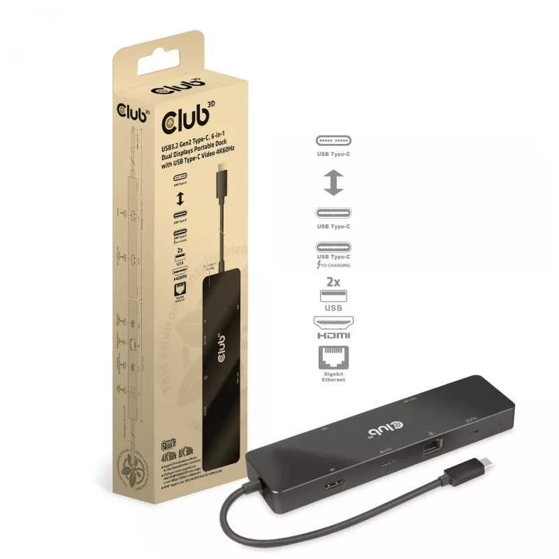 CLUB3D USB3.2 Gen2 Type-C, 6-w-1 przenośna stacja dokująca z dwoma wyświetlaczami i USB Type-C Video 4K60Hz