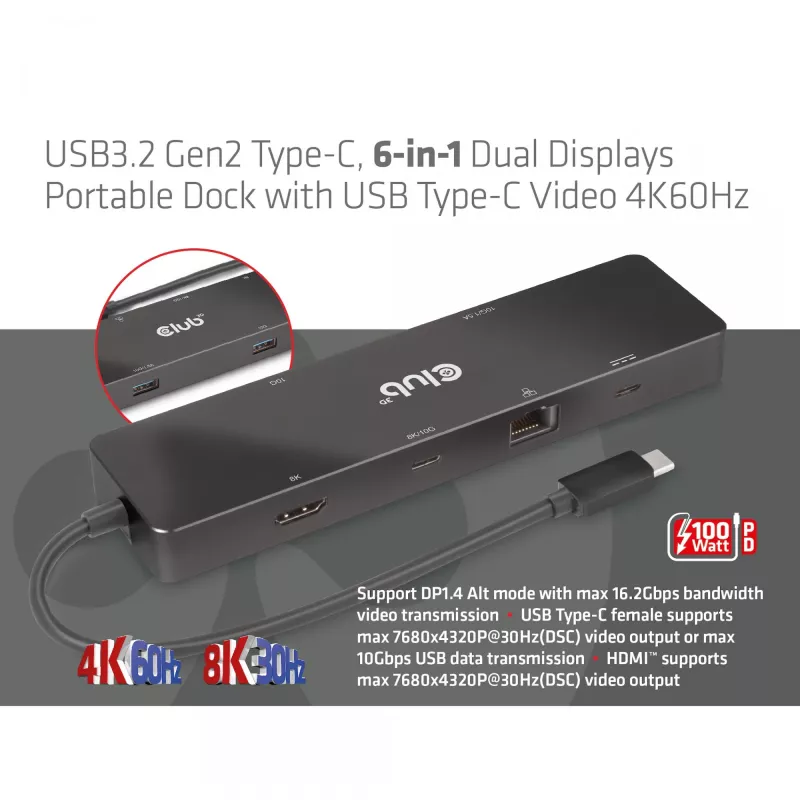 CLUB3D USB3.2 Gen2 Type-C, 6-w-1 przenośna stacja dokująca z dwoma wyświetlaczami i USB Type-C Video 4K60Hz
