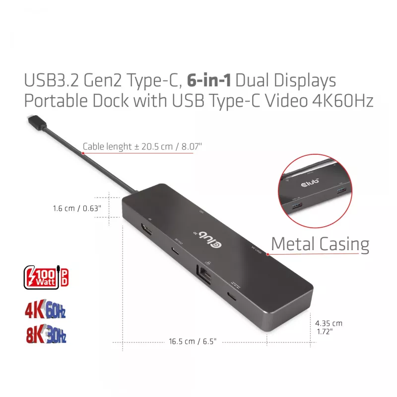 CLUB3D USB3.2 Gen2 Type-C, 6-w-1 przenośna stacja dokująca z dwoma wyświetlaczami i USB Type-C Video 4K60Hz