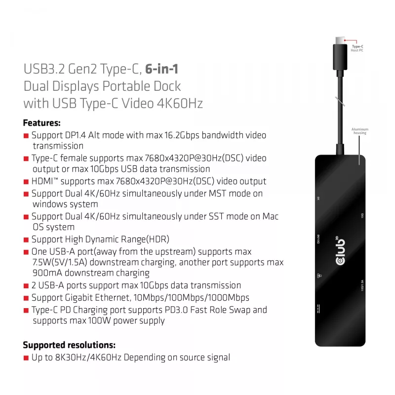 CLUB3D USB3.2 Gen2 Type-C, 6-w-1 przenośna stacja dokująca z dwoma wyświetlaczami i USB Type-C Video 4K60Hz