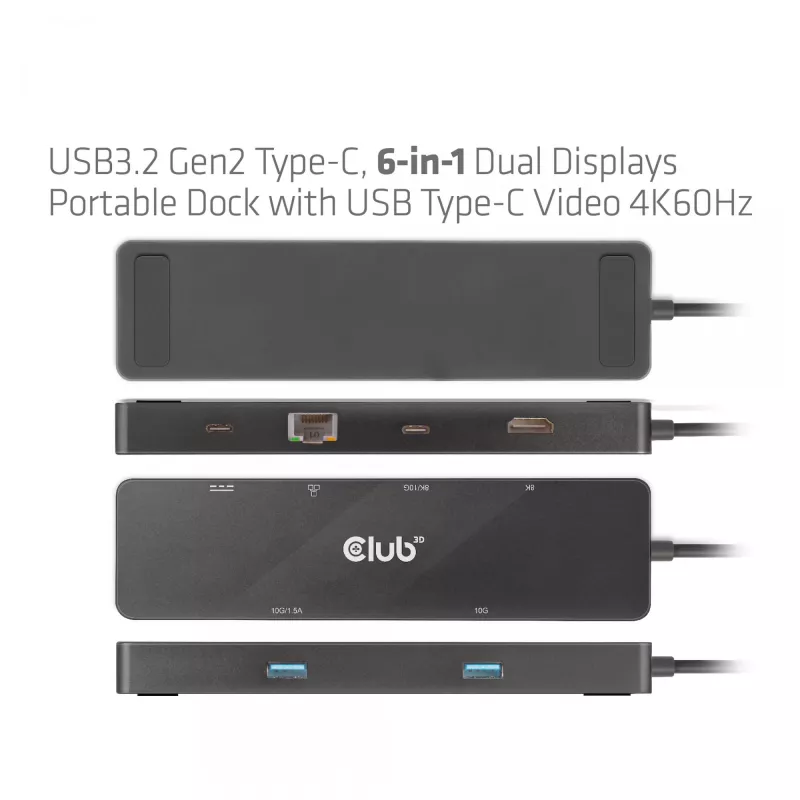 CLUB3D USB3.2 Gen2 Type-C, 6-w-1 przenośna stacja dokująca z dwoma wyświetlaczami i USB Type-C Video 4K60Hz