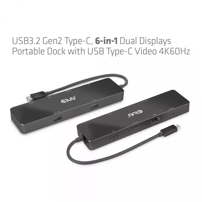 CLUB3D USB3.2 Gen2 Type-C, 6-w-1 przenośna stacja dokująca z dwoma wyświetlaczami i USB Type-C Video 4K60Hz