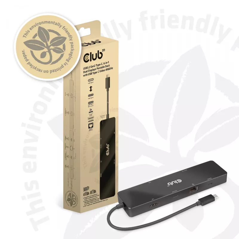CLUB3D USB3.2 Gen2 Type-C, 6-w-1 przenośna stacja dokująca z dwoma wyświetlaczami i USB Type-C Video 4K60Hz