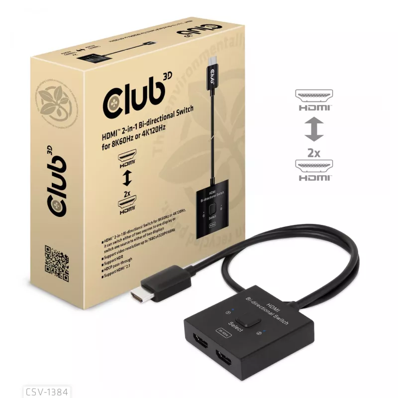 CLUB3D HDMI 2-w-1 Przełącznik Dwukierunkowy 8K60Hz 4K120Hz CSV-1384