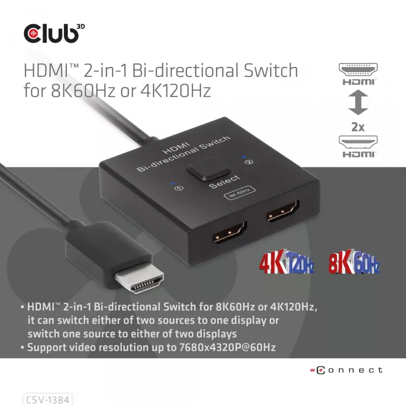 CLUB3D HDMI 2-w-1 Przełącznik Dwukierunkowy 8K60Hz 4K120Hz CSV-1384