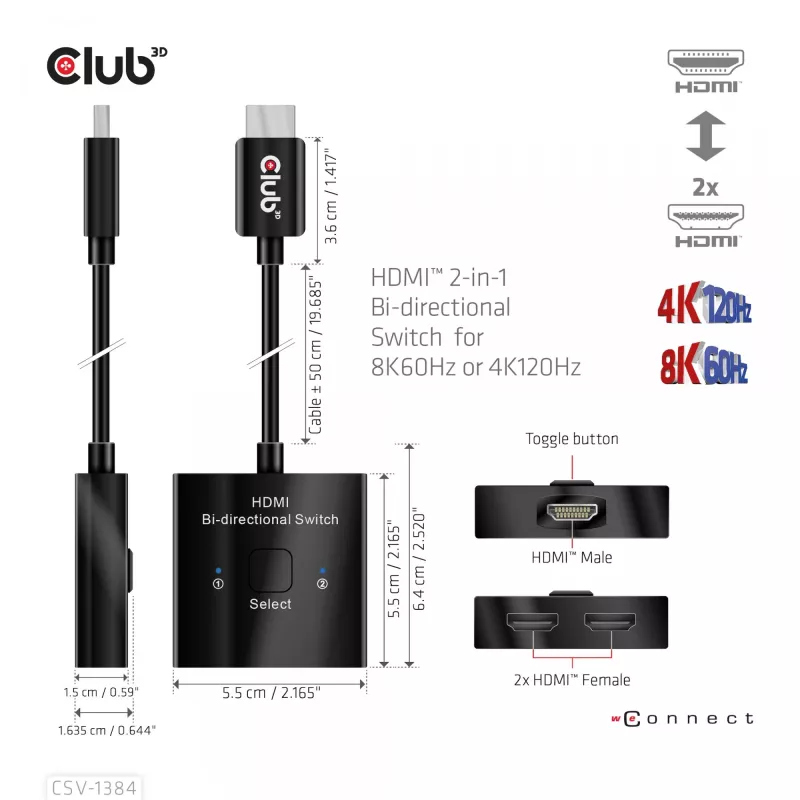 CLUB3D HDMI 2-w-1 Przełącznik Dwukierunkowy 8K60Hz 4K120Hz CSV-1384