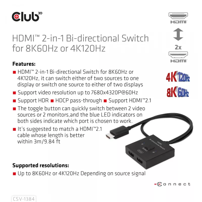 CLUB3D HDMI 2-w-1 Przełącznik Dwukierunkowy 8K60Hz 4K120Hz CSV-1384