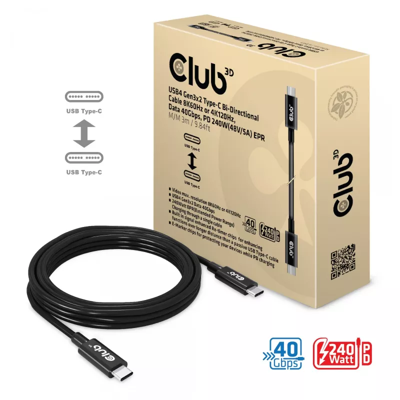 CLUB3D USB4 Gen3x2 Type-C kabel dwukierunkowy 8K60Hz lub 4K120Hz, dane 40Gbps, PD 240W(48V/5A) EPR M/M 3m / 9.84ft