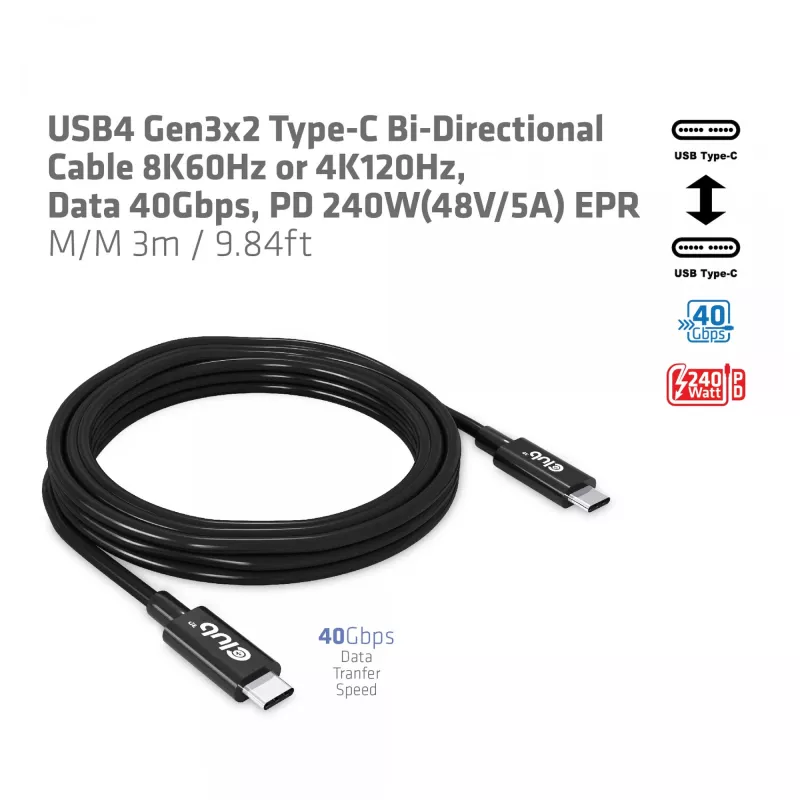 CLUB3D USB4 Gen3x2 Type-C kabel dwukierunkowy 8K60Hz lub 4K120Hz, dane 40Gbps, PD 240W(48V/5A) EPR M/M 3m / 9.84ft