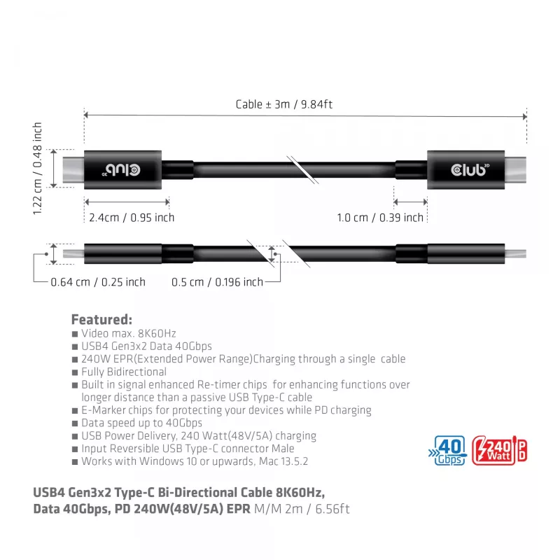 CLUB3D USB4 Gen3x2 Type-C kabel dwukierunkowy 8K60Hz lub 4K120Hz, dane 40Gbps, PD 240W(48V/5A) EPR M/M 3m / 9.84ft