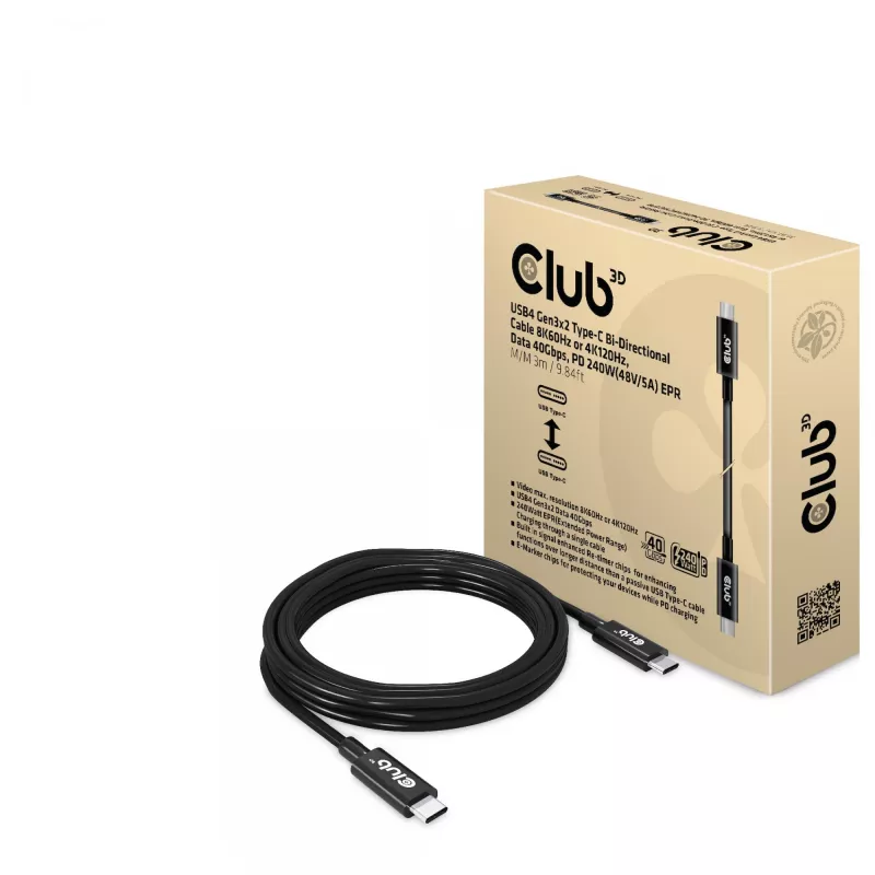 CLUB3D USB4 Gen3x2 Type-C kabel dwukierunkowy 8K60Hz lub 4K120Hz, dane 40Gbps, PD 240W(48V/5A) EPR M/M 3m / 9.84ft