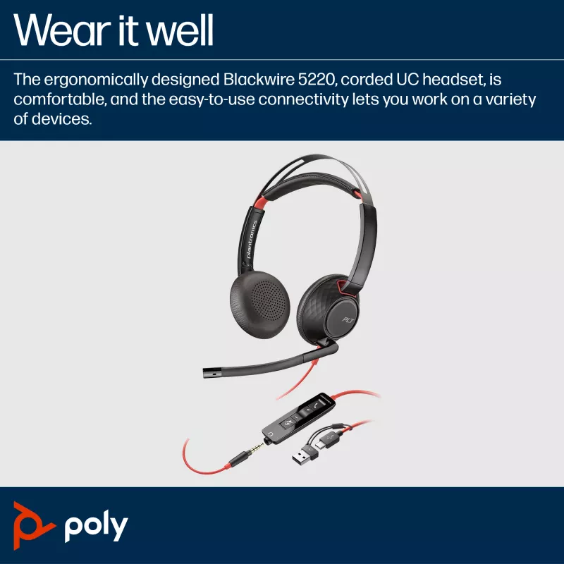 HP Poly Blackwire 5220 Stereo USB-C Headset +3.5mm Plug +USB-C/A Adapter