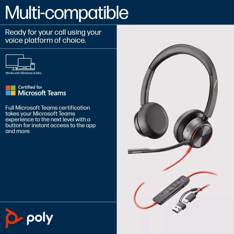HP Poly Czarnywire 8225 Stereofoniczny zestaw słuchawkowy USB-C z certyfikatem Microsoft Teams + adapter USB-C/A
