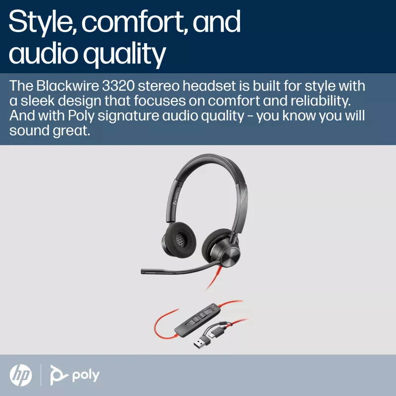 HP Poly Czarnywire 3320 Stereo Microsoft Teams Certified USB-C Headset +USB-C/A Adapter