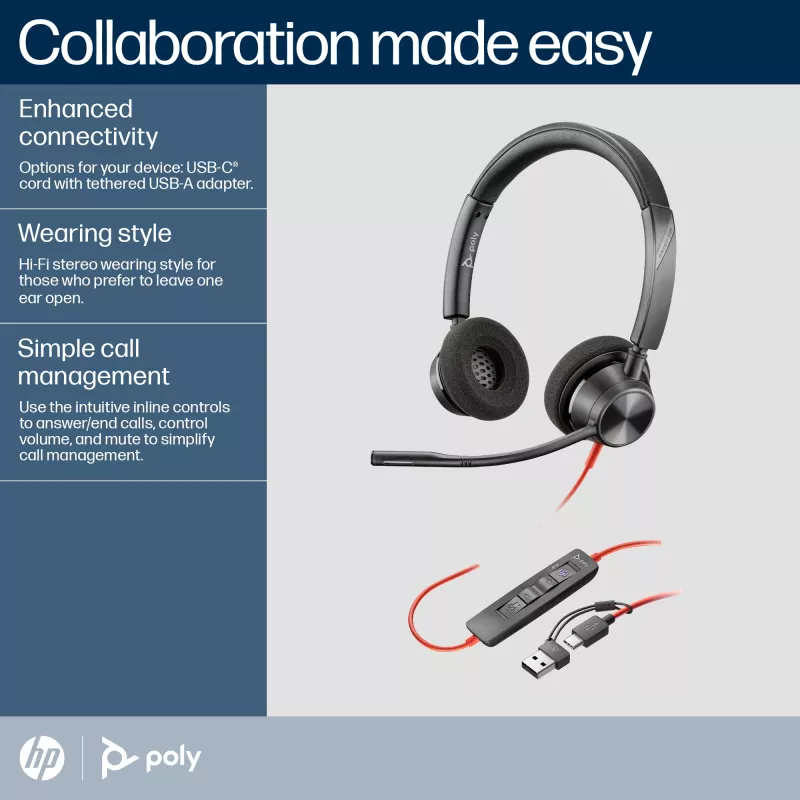 HP Poly Czarnywire 3320 Stereo Microsoft Teams Certified USB-C Headset +USB-C/A Adapter