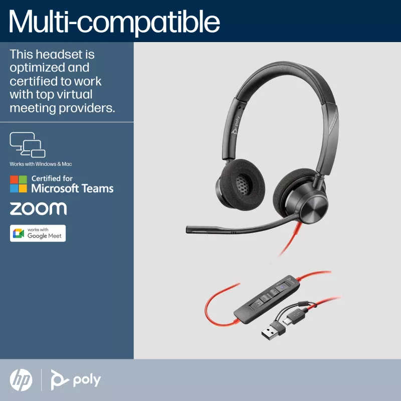 HP Poly Czarnywire 3320 Stereo Microsoft Teams Certified USB-C Headset +USB-C/A Adapter