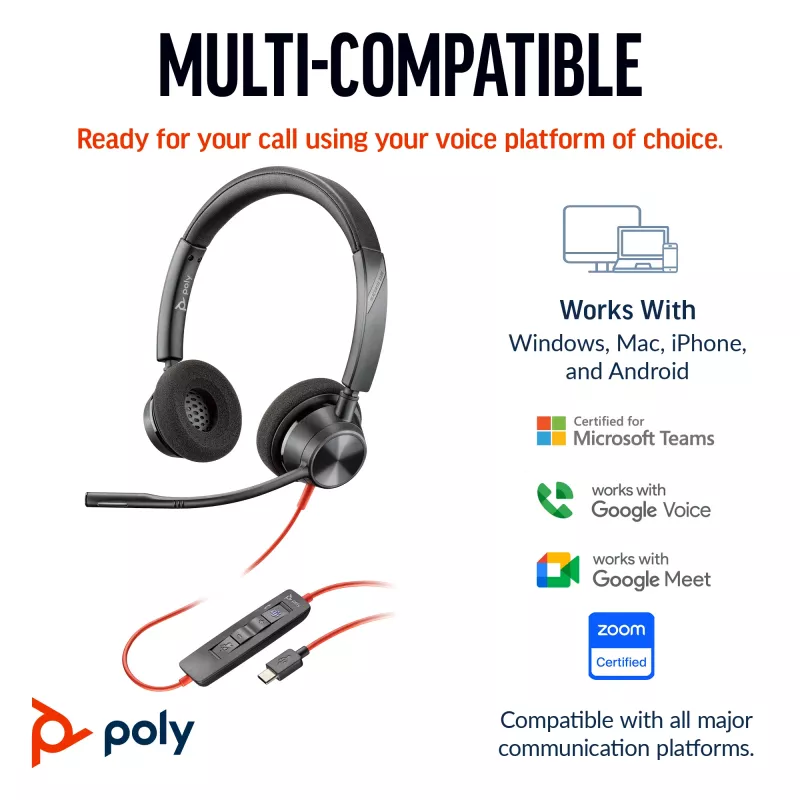 HP Poly Czarnywire 3320 Stereo Microsoft Teams Certified USB-C Headset +USB-C/A Adapter