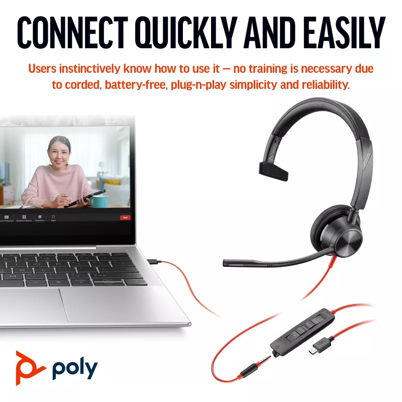 HP Poly Czarnywire 3315 monofoniczny zestaw słuchawkowy USB-C + wtyk 3,5 mm + adapter USB-C/A