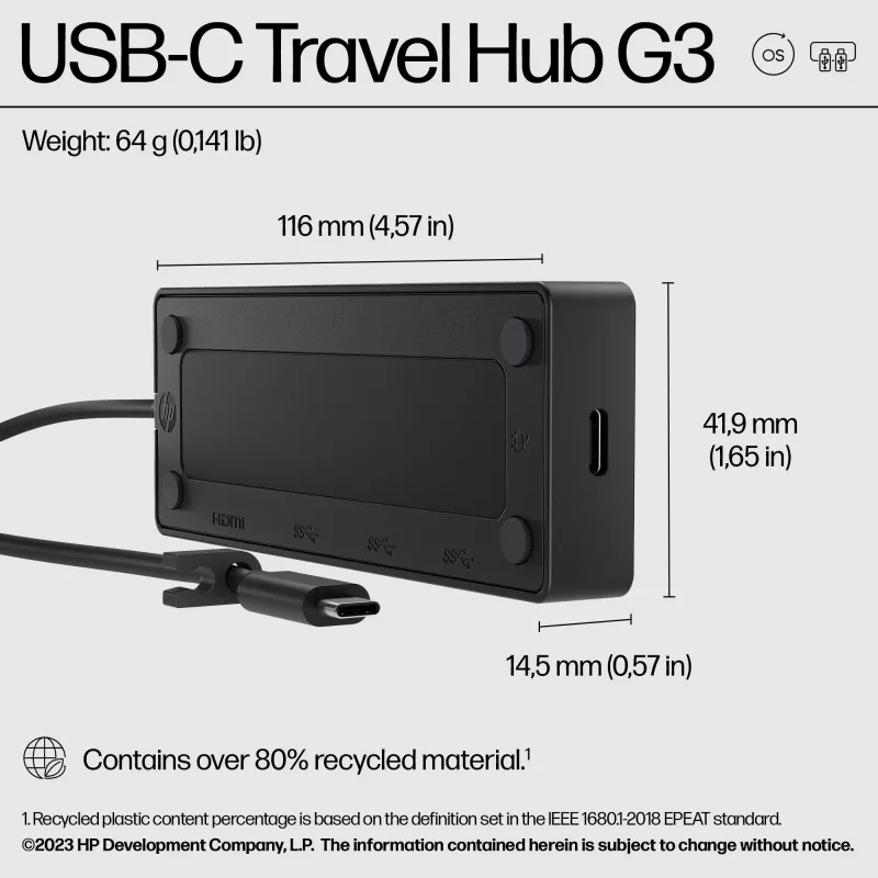 HP USB-C Travel Hub G3, USB 3.2 Gen 2 (3.1 Gen 2) Type-C, 65 W, 60 Hz, HDMI, USB 3.2 Gen 2 (3.1 Gen 2) Type-A, USB 3.2 Gen 2 (3.1 Gen 2) Type-C, Wietnam, Dom