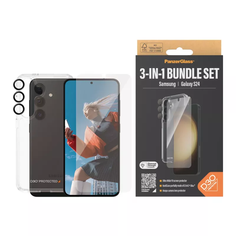 Zestaw ochronny 3 w 1 PanzerGlass Samsung Galaxy S24 Ultra Wide Fit, odporność na zarysowania i wstrząsy