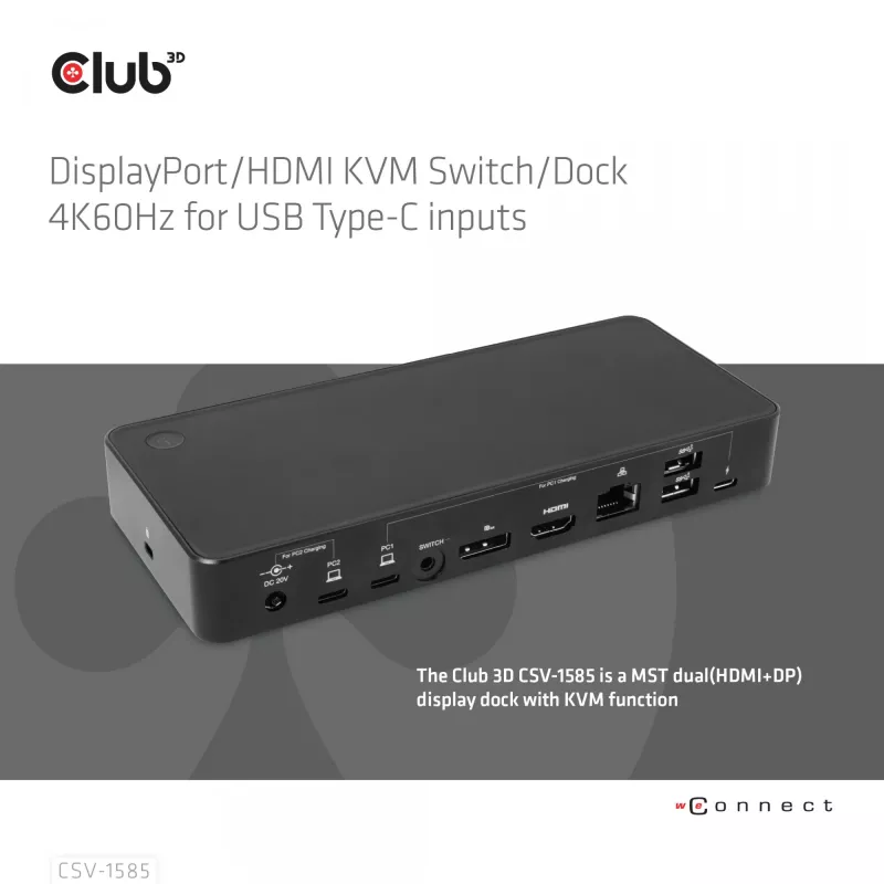 Stacja przełączająca/Dok CLUB3D DisplayPort/HDMI KVM 4K60Hz dla wejść USB typu C