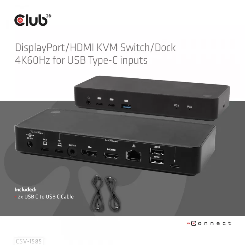Stacja przełączająca/Dok CLUB3D DisplayPort/HDMI KVM 4K60Hz dla wejść USB typu C