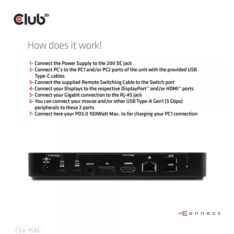 Stacja przełączająca/Dok CLUB3D DisplayPort/HDMI KVM 4K60Hz dla wejść USB typu C