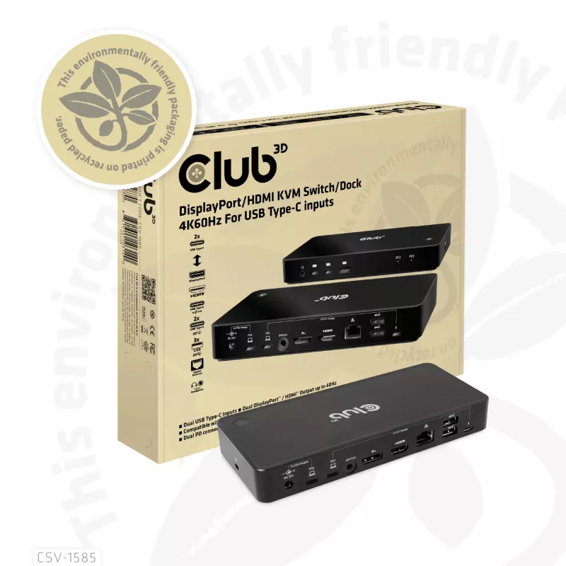 Stacja przełączająca/Dok CLUB3D DisplayPort/HDMI KVM 4K60Hz dla wejść USB typu C