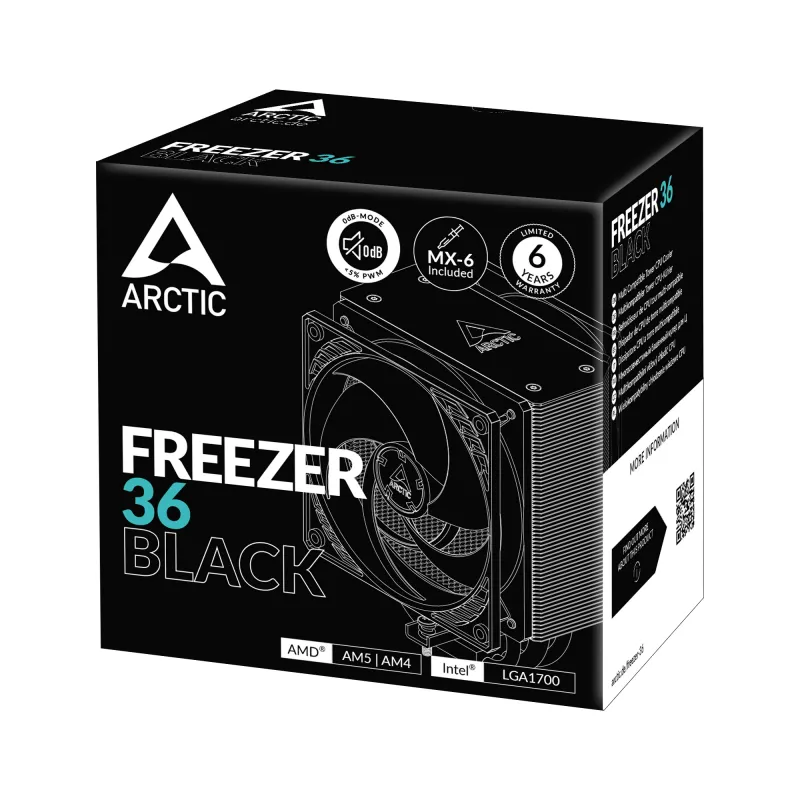 ARCTIC Freezer 36 (Czarny) Multi Kompatybilny Tower CPU Cooler, chłodzenie powietrzne, 12 cm, 200 obr./min, 1800 obr./min, czarny