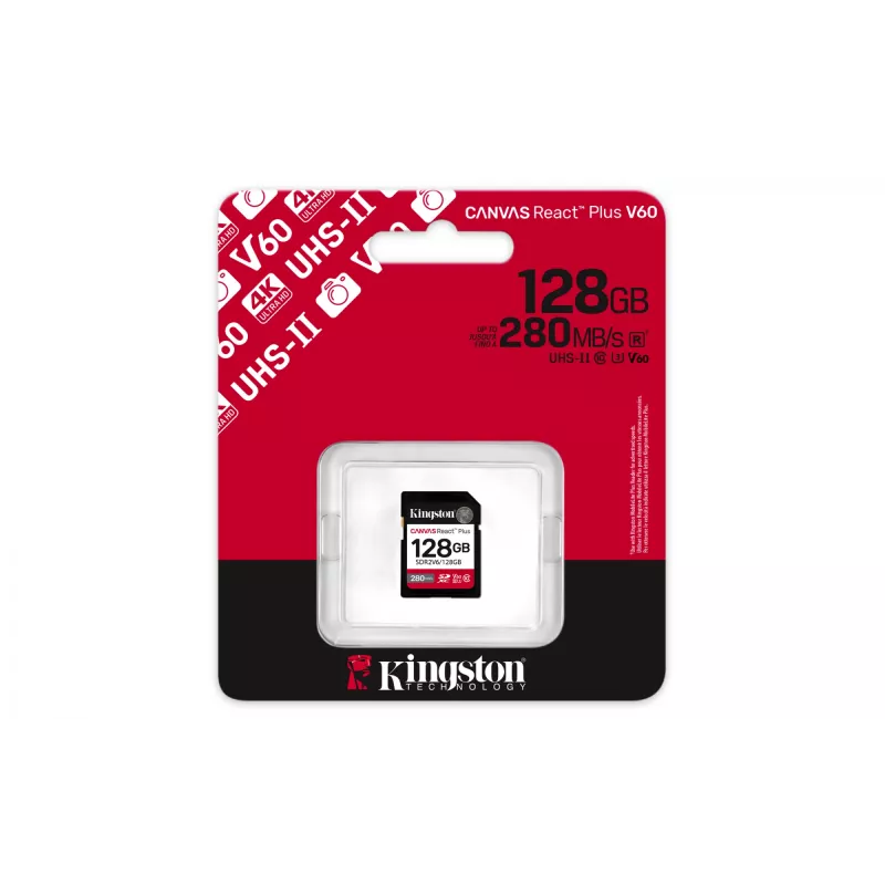 Kingston Technology 128GB Canvas React Plus SDXC UHS-II 280R/100W U3 V60 do Full HD/4K