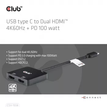 CLUB3D USB-C® Hub na dwa HDMI™ 4K60Hz M/F+PD3.0 100 W