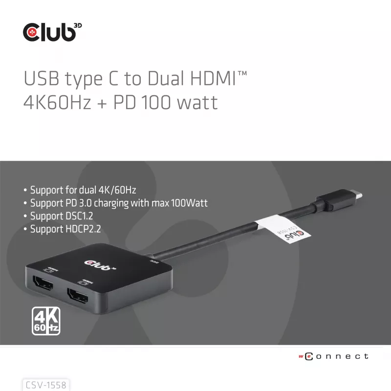 CLUB3D USB-C® Hub na dwa HDMI™ 4K60Hz M/F+PD3.0 100 W