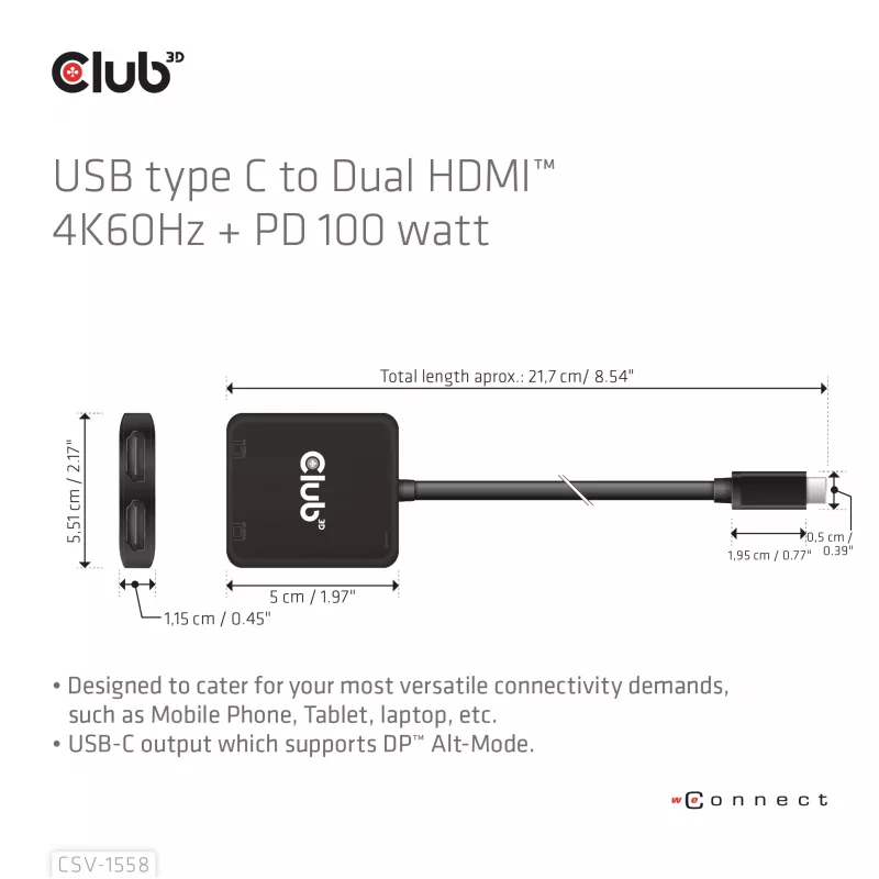 CLUB3D USB-C® Hub na dwa HDMI™ 4K60Hz M/F+PD3.0 100 W