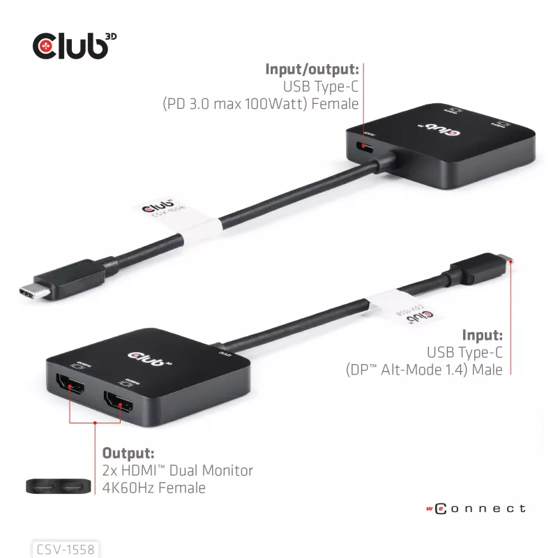 CLUB3D USB-C® Hub na dwa HDMI™ 4K60Hz M/F+PD3.0 100 W