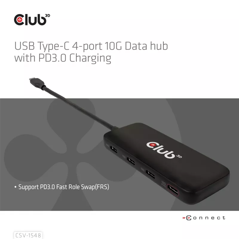 CLUB3D USB Type-C 4-portowy Hub danych 10G z ładowaniem PD3.0