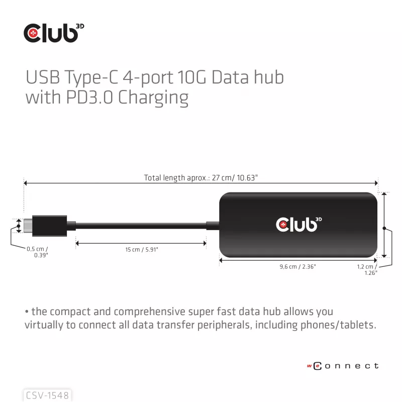 CLUB3D USB Type-C 4-portowy Hub danych 10G z ładowaniem PD3.0