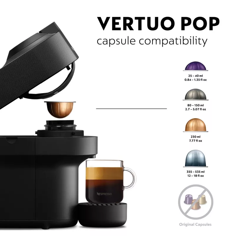 De’Longhi NESPRESSO® Vertuo Pop ENV90.B - Czarny lukrecjowy, Ekspres do kawy na kapsułki, 0,56 L, Kapsułki kawy, 1260 W, Czarny